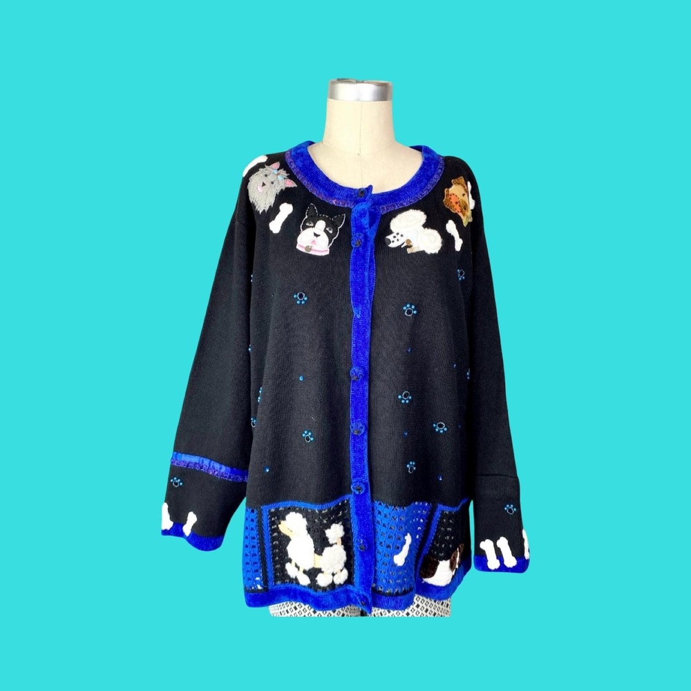 Vintage Dog Cardigan,‎ Quaker Factory Kitschy Sweater, Wearable Art (2X)